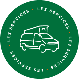 Logo d'Ovan avec une icône de van aménagé et la mention "Les services", symbolisant l’ensemble des prestations proposées.